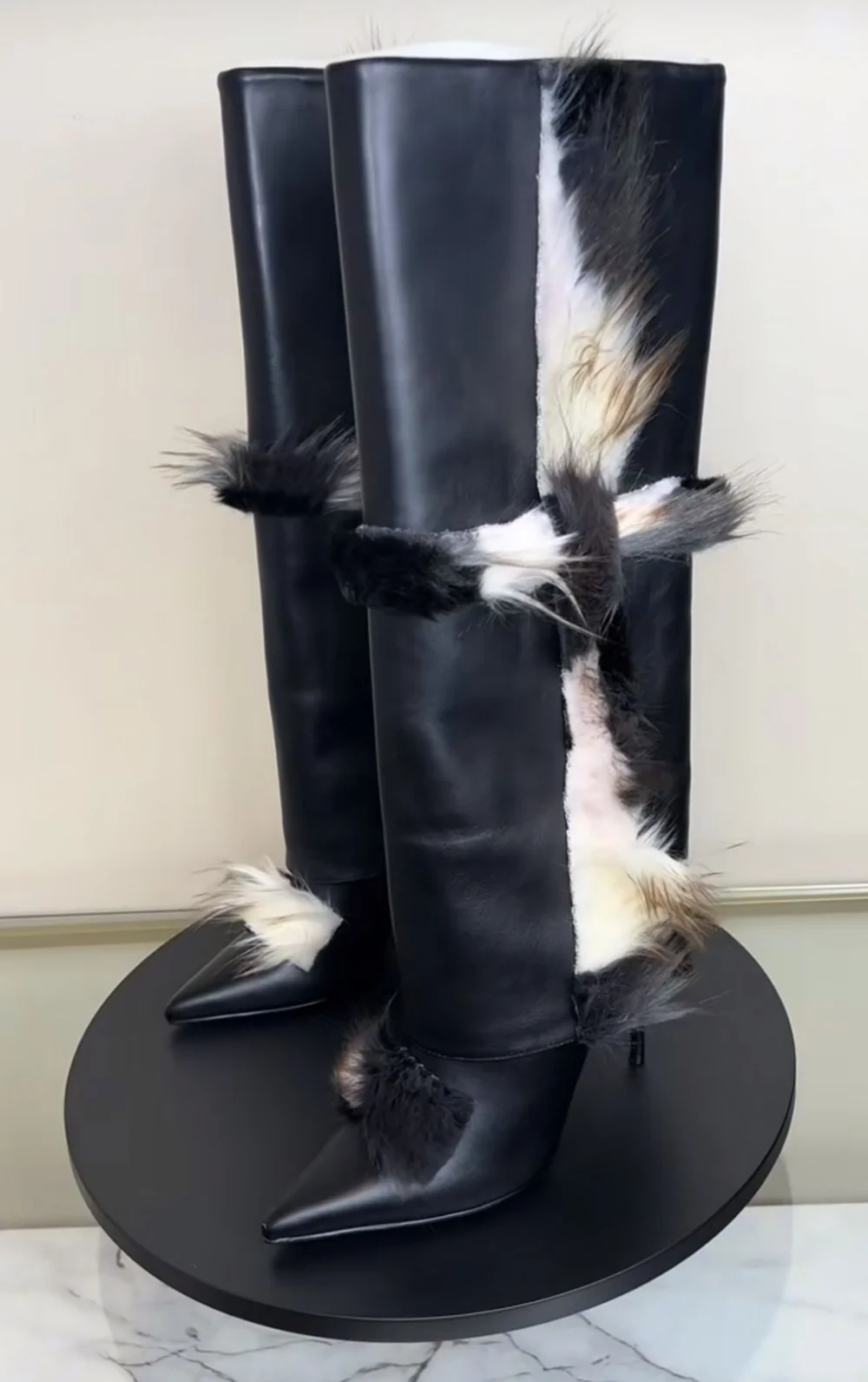 

Black Leather & Multi-Tone Faux Fur Over-the-Knee Boots Luxe Slim Stiletto Heel Pointed Toe High-Fashion Runway Looks Outfits
