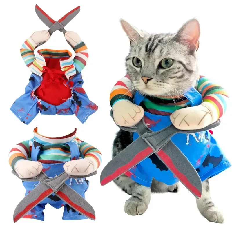 

Halloween Killer Role Play With Scissors Cats And Dogs Transformed Into Funny Holiday Costumes, Pet Cosplay Costumes