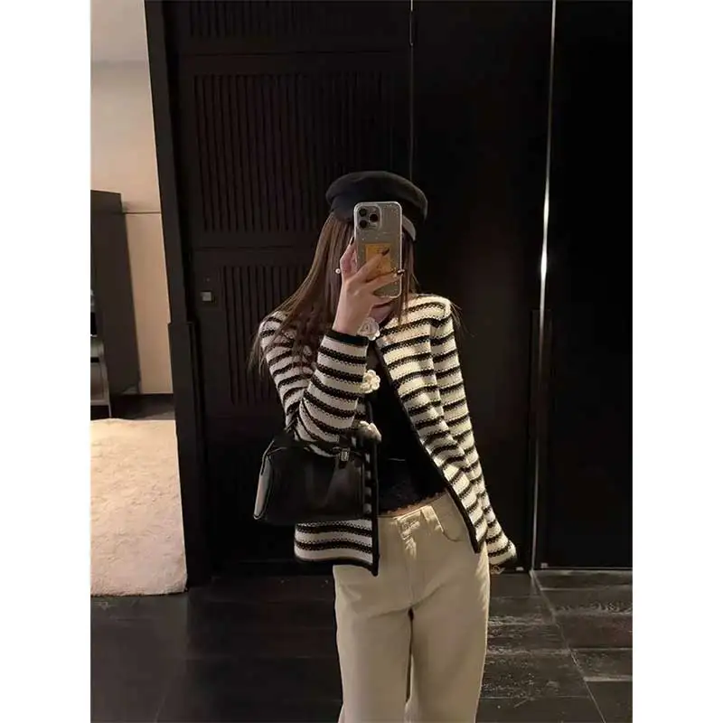 Women Clothing Spring Autumn Fashion Office Lady Elegant Striped Color Blocking Female Crochet Knitting O-neck Long Sleeve Tops
