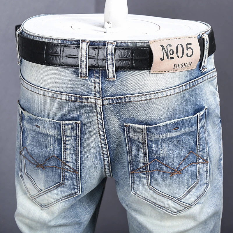 2024Summer New Ripped American Denim Shorts Men\'s Retro Light Blue Nostalgic Distressed Street Tide BrandinsPirate shorts