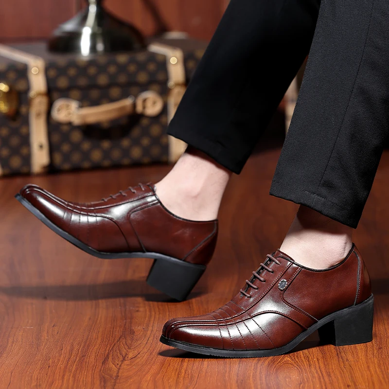 

Мужские деловые кожаные модельные туфли на высоком каблуке, оксфорды на шнуровке, деловые повседневные туфли для свадебной вечеринки, увеличивающие рост