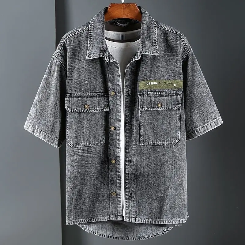 Chemise en denim à manches courtes pour hommes, chemise en coton, vêtements de travail décontractés, streetwear tendance, vêtements d\'été, nouveau