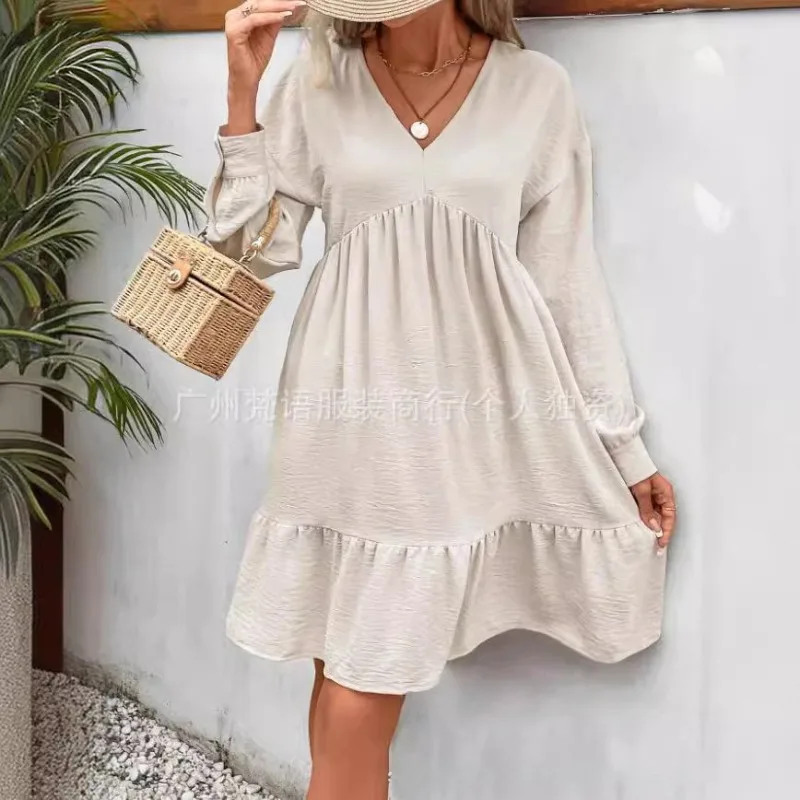 

Лето 2025 г., однотонное свободное повседневное платье из хлопка и льна в стиле пэчворк, женское лаконичное уличное платье с v-образным вырезом и длинными рукавами