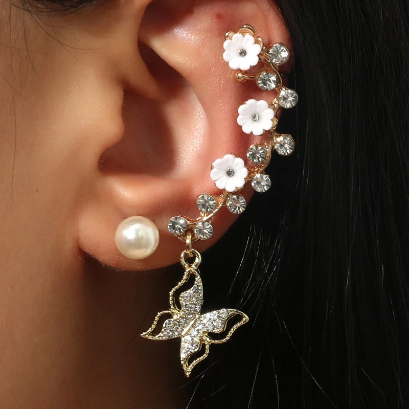 European American gold silver flower rhinestone butterfly pearl New season hot sale bone clip Earring jewelry Ear Cuff earrings