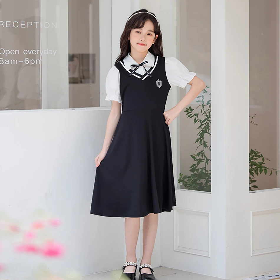 Charming School Style Girls Summer Fake 2Pcs Casual Dress Shirt Collar Designed for Comfort Perfect for Warm Weather Activities