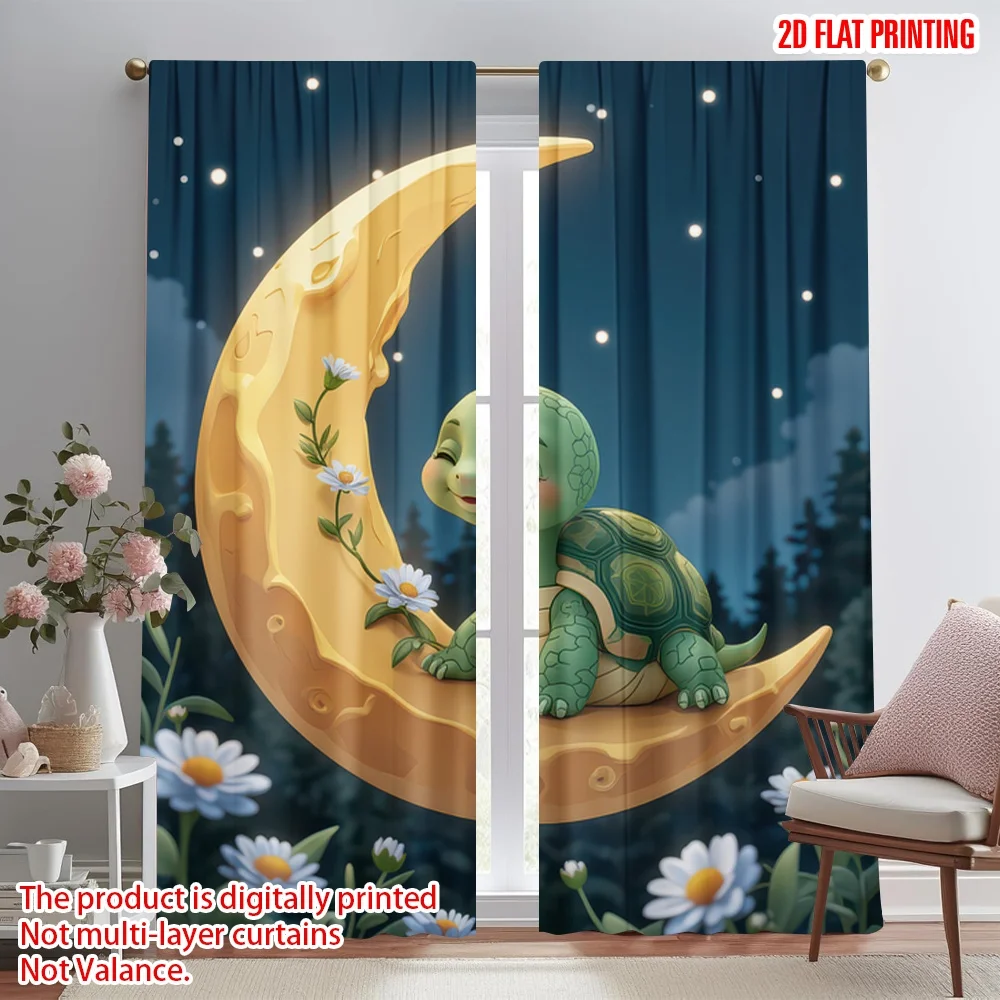 

2D flat printing 2pcs Drapes Turtle on Crescent Moon Digital Printed Polyester Drapes Seasonal Party & Holiday Decor Use for