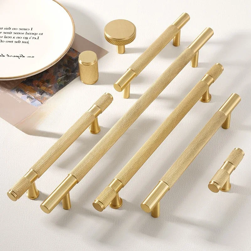 Modern Knurl Solid Brass Cabinet Knobs and Handles Golden Luxury Handles for Furniture Drawer Wardrobes Shoe Cabinets Pulls