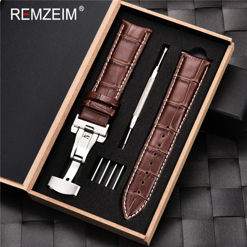 Leder-Uhrenarmband, 18 mm, 19 mm, 20 mm, 21 mm, 22 mm, 24 mm, Lederarmband, Edelstahl-Schmetterlingsverschluss, Bänder mit Box – Detail 4