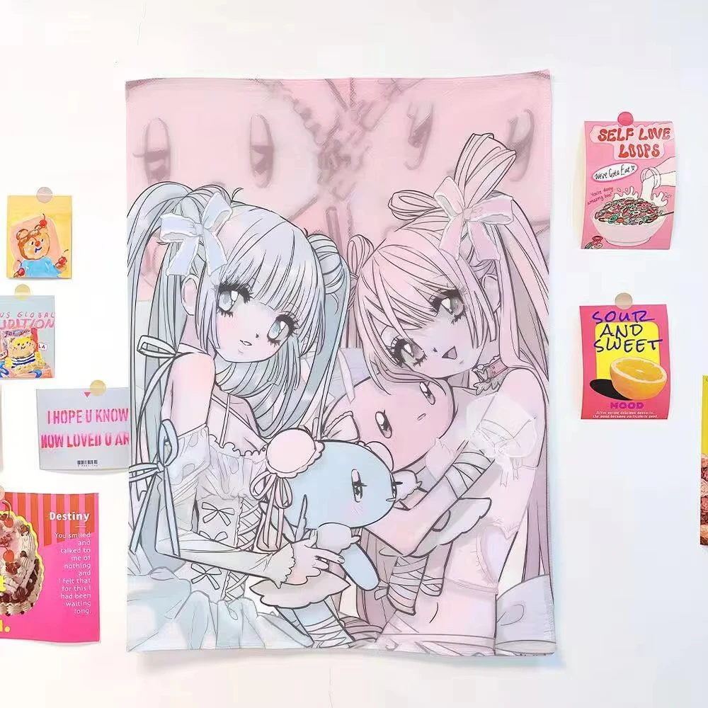 Gothic & Angel Anime Girl Tapestry, Devil & Angel Twin Character Print, Kawaii Wall Hanging for Bedroom & E-girl Aesthetic Decor