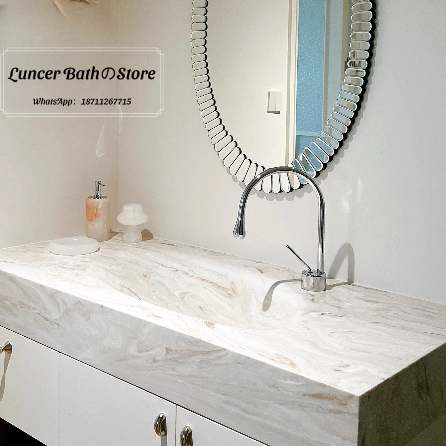 DuPont Corian Integrated Bathroom Sink, Amber Dune Solid Surface Vanity Basin, Seamless Resin Wash Basin for Toilet