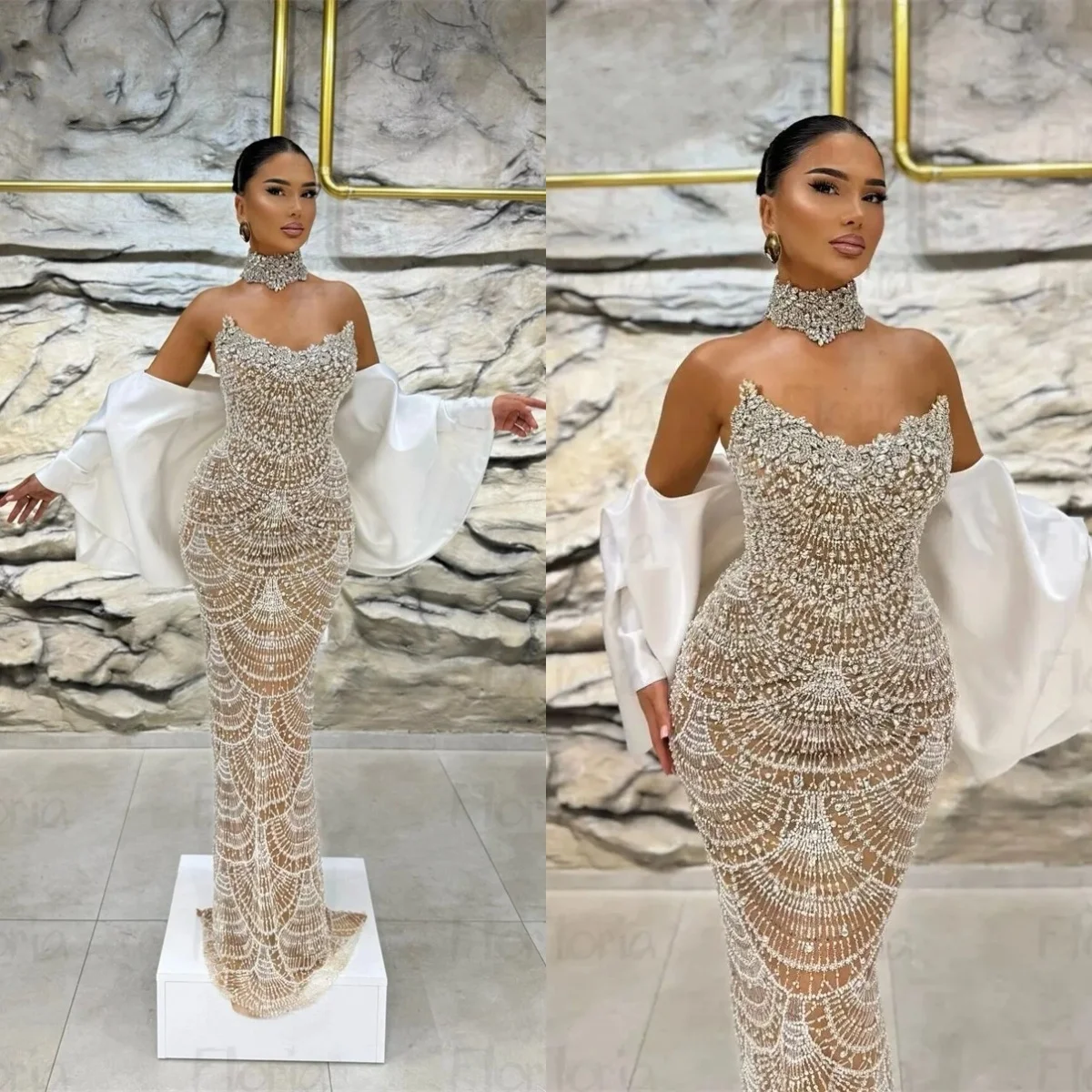 

Exquisite Strapless Mermaid Wedding Dress Elegant Beaded Crystal Bridal Gown with Wrap Beading Lace Bride Dresses Customized