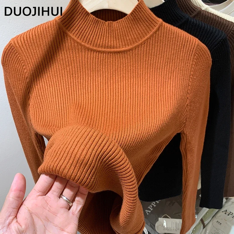 DUOJIHUI Autumn Chic Neck Knitted Sweater Women Pullovers Orange Simple Casual Long Sleeve Fashion Solid Color Female Pullovers