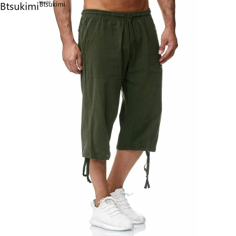 

2024 Men's Summer Cotton Linen Casual Shorts High Waist Beach Shorts Male Solid Drawstring Sweatpants Casual Bottoms Men M-4XL