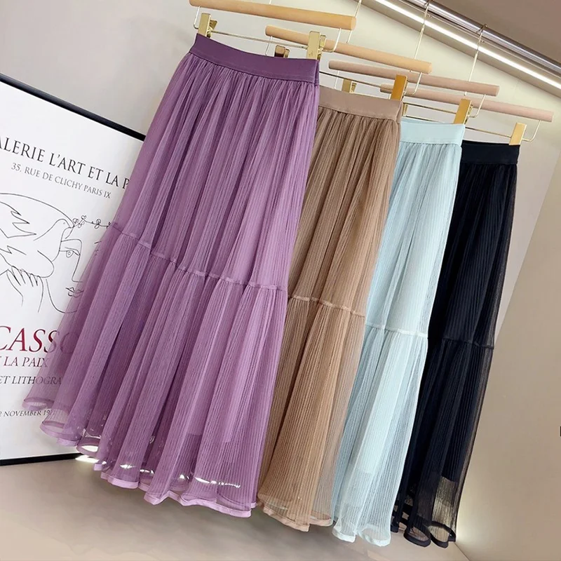 

Moonlight gauze skirt pleated A-line high waisted skirt spring and summer new slimming large swing fairy mid length mesh skirt