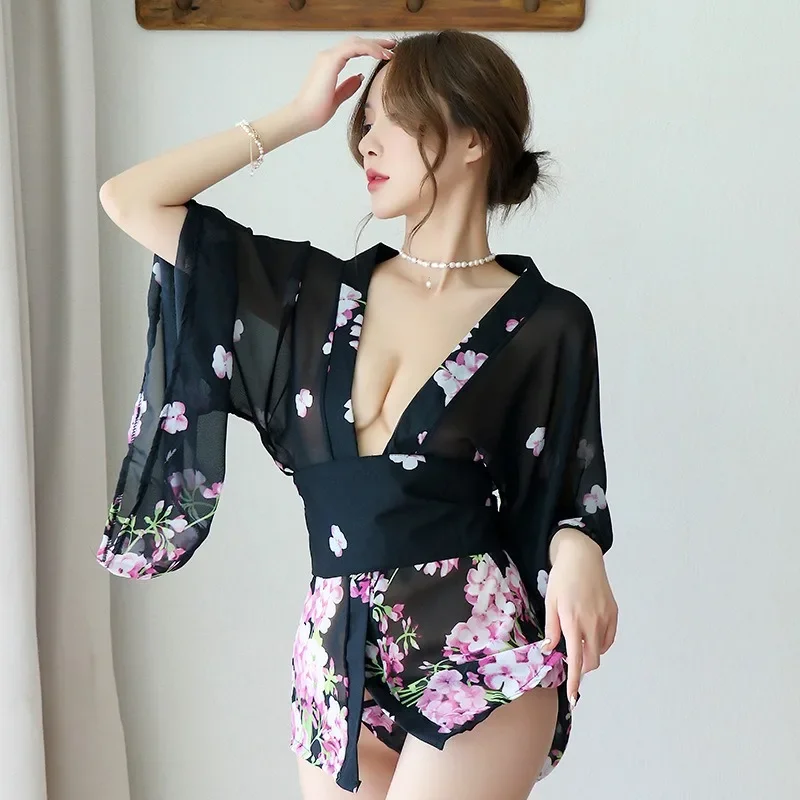 Top Fashion Sexy Women Nightgown Fun Lingerie Night Wears Printing Japanese Kimono Retro Pajama Set Loudspeaker Sleeve Home Wear