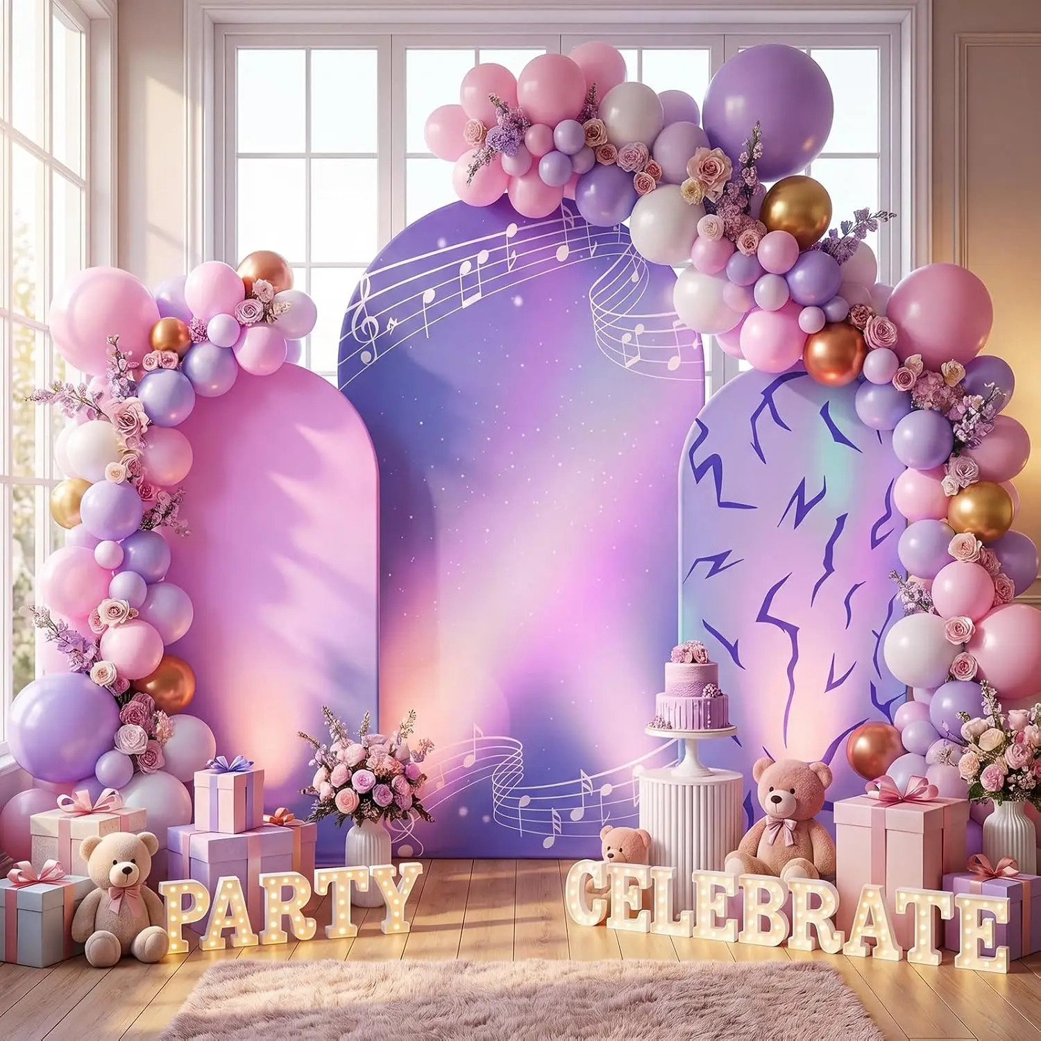 Housse de fond en spandex sur le thème Kpop, motif arc-en-ciel, violet et rose, éclair, note de musique, pour fête d'anniversaire de fille, décoration de fond personnalisée avec nom