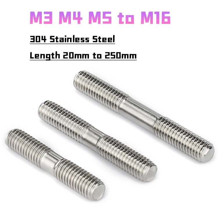 304 Stainless Steel Double End Thread Rod Double End Bolts Stud Bolt Tooth Stick Dual Head Thread Bar M3 M4 M5 M6 M8 M10 M12 M16