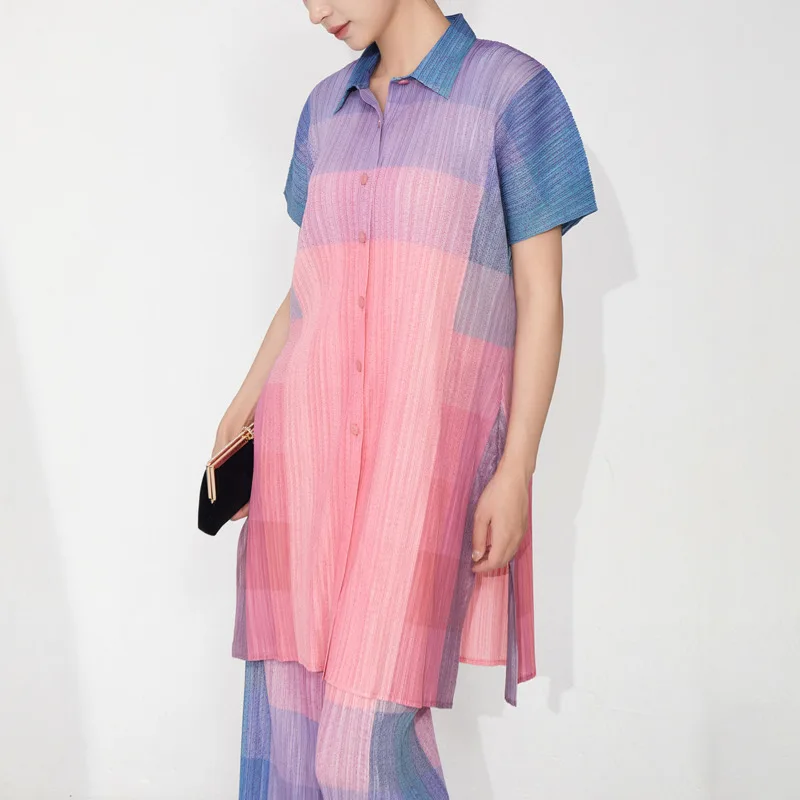 YFPF Druck Miyake Plissee Design Hemd Für Frauen Mode Revers Kurzarm Taste Mittlere Länge Bluse 2025, Neue Kleidung 3A366