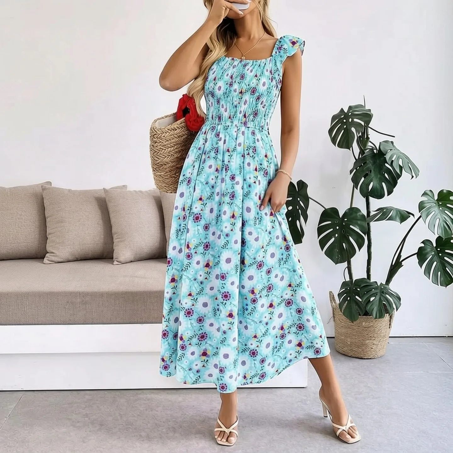 YuooMuoo Romantisches Maxikleid mit Blumenmuster für Damen, Sommermode, elastische Taille, Urlaub, großer Schwung, Strandkleid, Damen-Partykleid