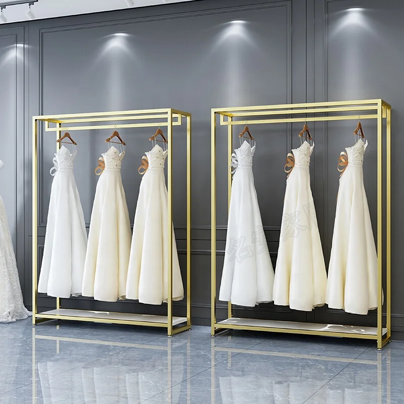 Customized. bridal store stainless steel display rack stand heavy duty clothing shelf electroplate shiny wedding dress disp