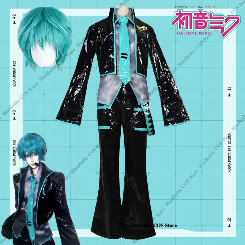 Anime Mikuo Male version Cosplay Costume Green Wig Uniform Black PU Leather Jacket Shirt Fancy Halloween Party Outfit Women Men