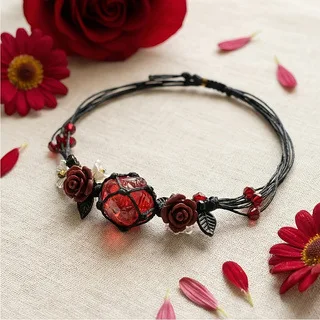 Chinese Style Lucky Blessing Rose Flower Braided Bracelet Multi Color Sparkly Stone Charm Adjustable Cord Fortune Gift For Women