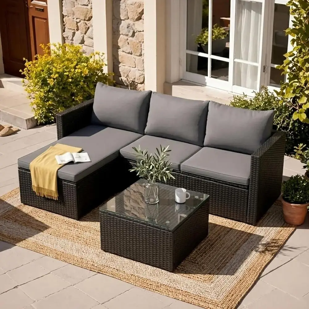 3Piece Outdoor Sectional Sofa Set with Glass Coffee Table, AllWeather PE Wicker Patio Furniture with Thick Cushions, Modular Co