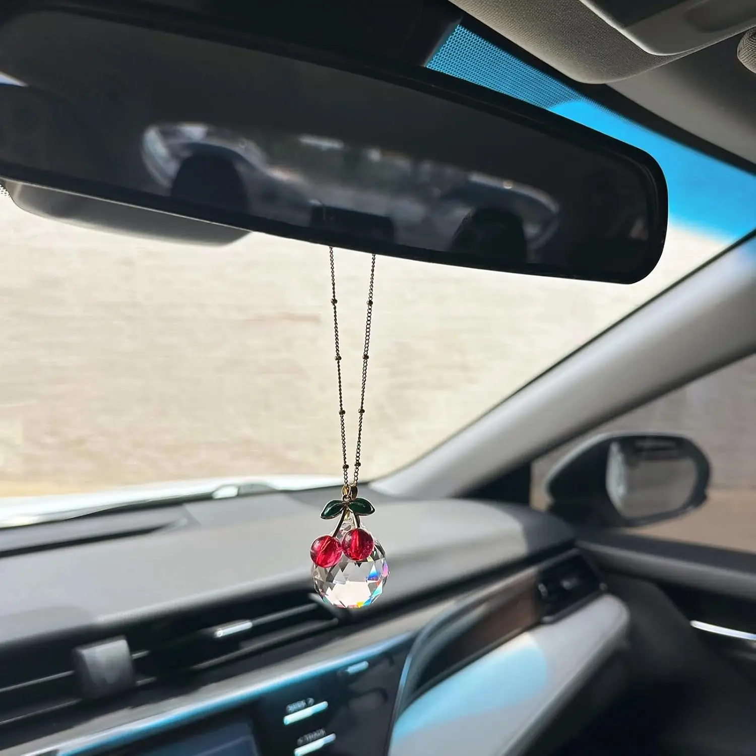 Cherry Car Decor Accessories,Cute Car Crystal Suncatcher Rear View Mirror Hanging Hippie Cherry Decor Accessory Charm Gifts