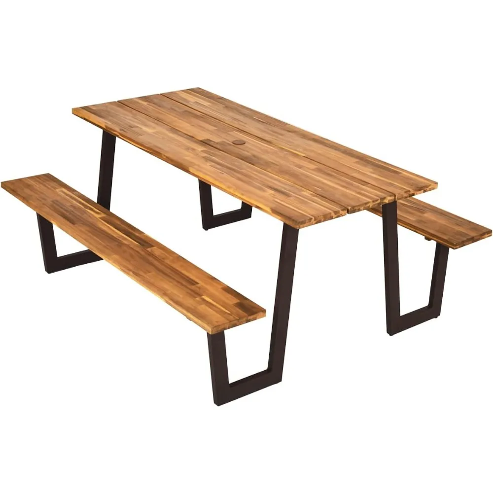 

Picnic Table Bench Set for 6 or 8, Acacia Wood Outdoor Dining Table Set, 2" Umbrella Hole, 1600 LBS Capacity