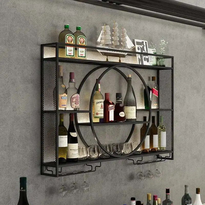 Retro Hanging Wine Cabinets Simple Red Bar Cabinet Home Living Room Wall Storage Rack Wrought Iron Restaurant Display Wine Rack