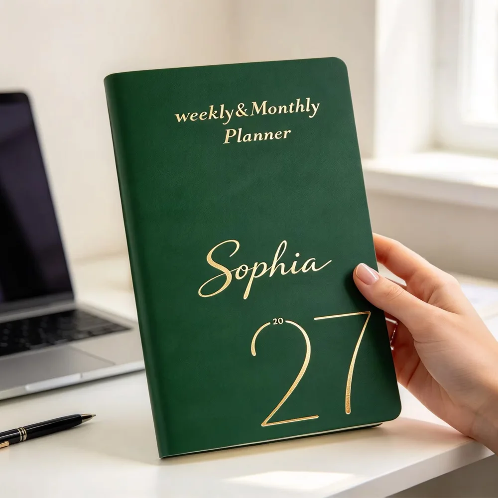 Personalized Name 2027 Weekly Monthly Planner Green PU Leather Customized Agenda Notebook for Daily Schedule Office Planning