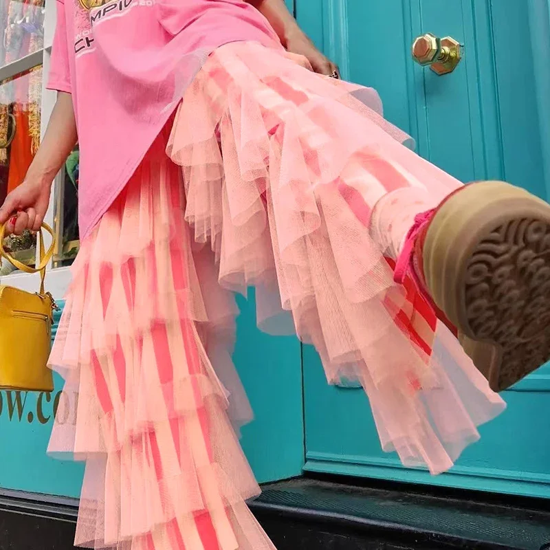 Harajuku Casual Ruffle Pleated Women's Pants Spring Striped Print Patchwork Party Trousers Summer Holiday Female Sweatpants
