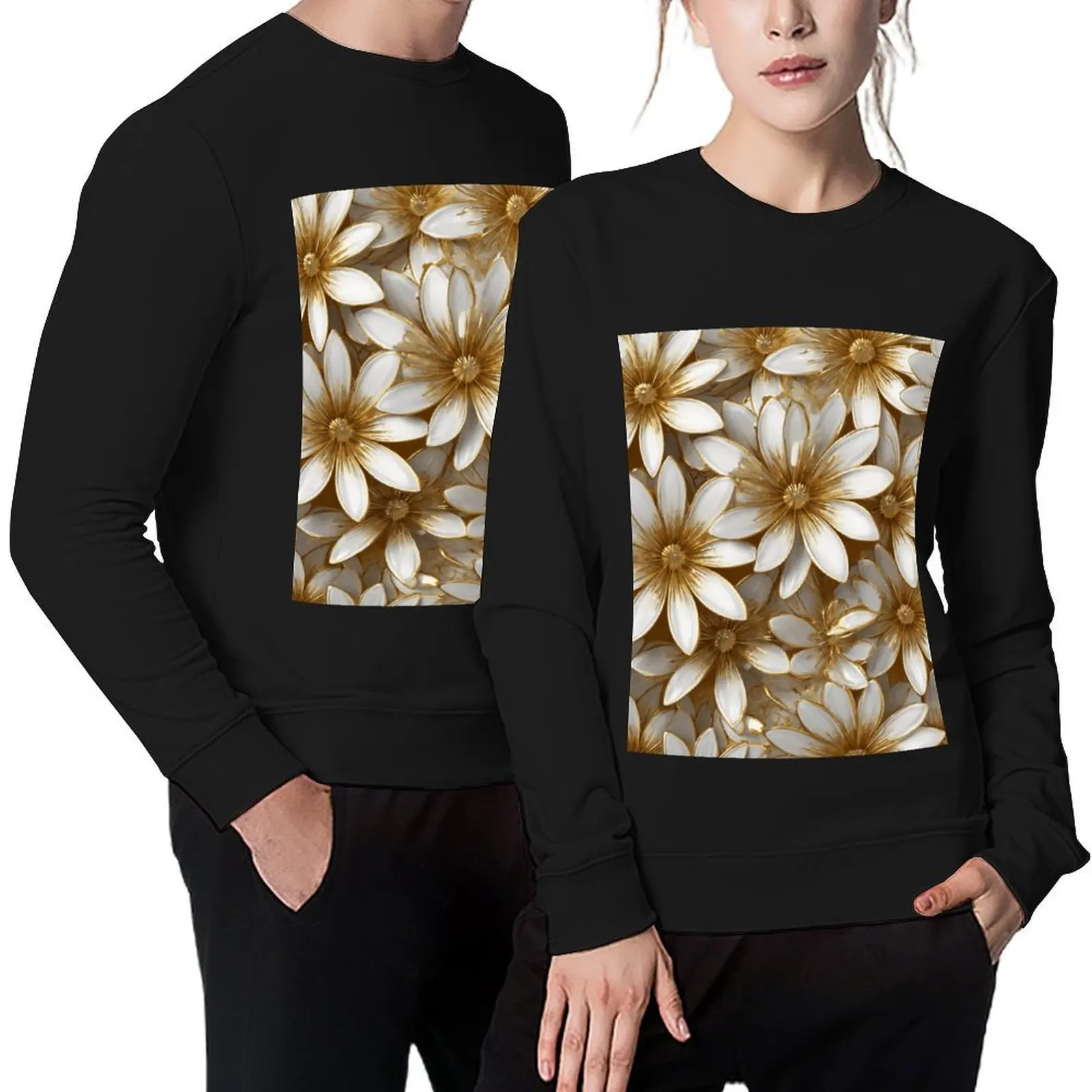 

Whitegold Blossoms: Radiant Floral Elegance Pullover korean autumn clothes anime clothes mens designer clothes hooded sweatshirt