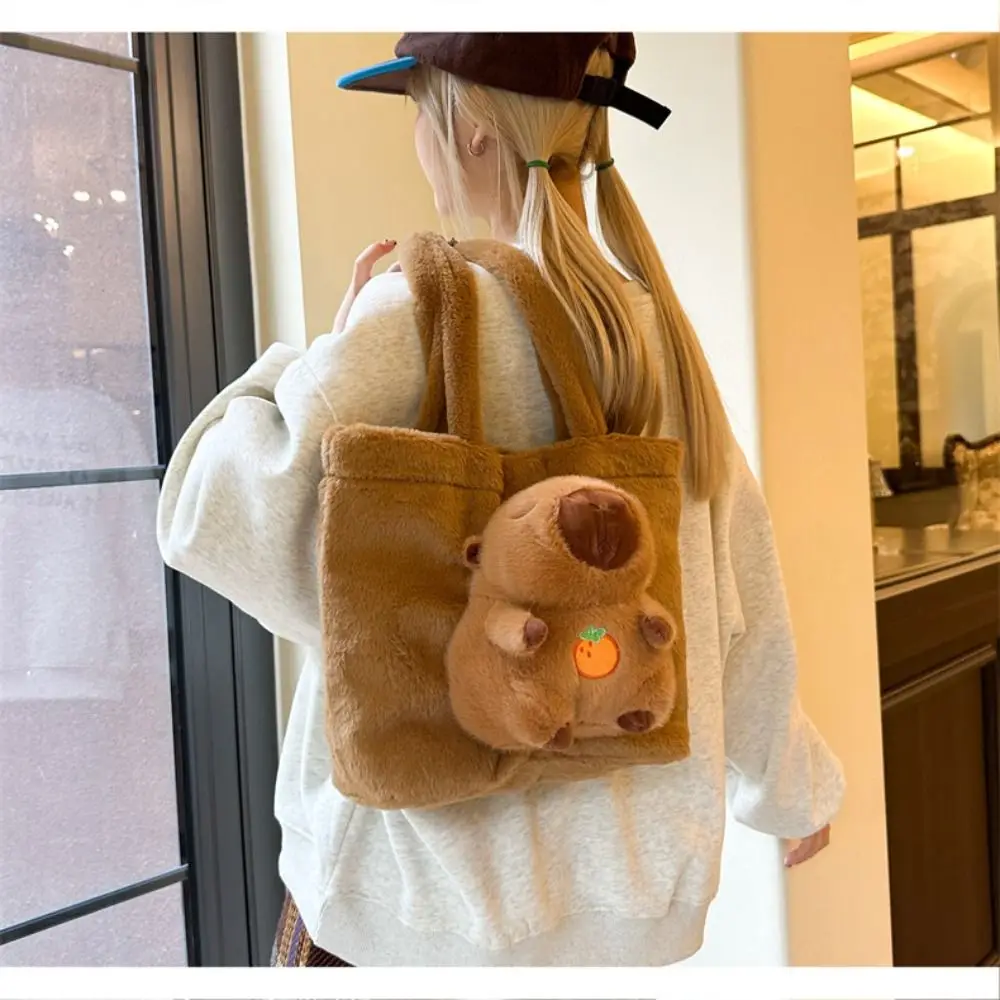 Fashion Cartoon Capybara Handbag Large Capacity Magnetic Buckle Plush Doll Tote Bag Cute Korean Style Kid Schoolbag Girl Gift