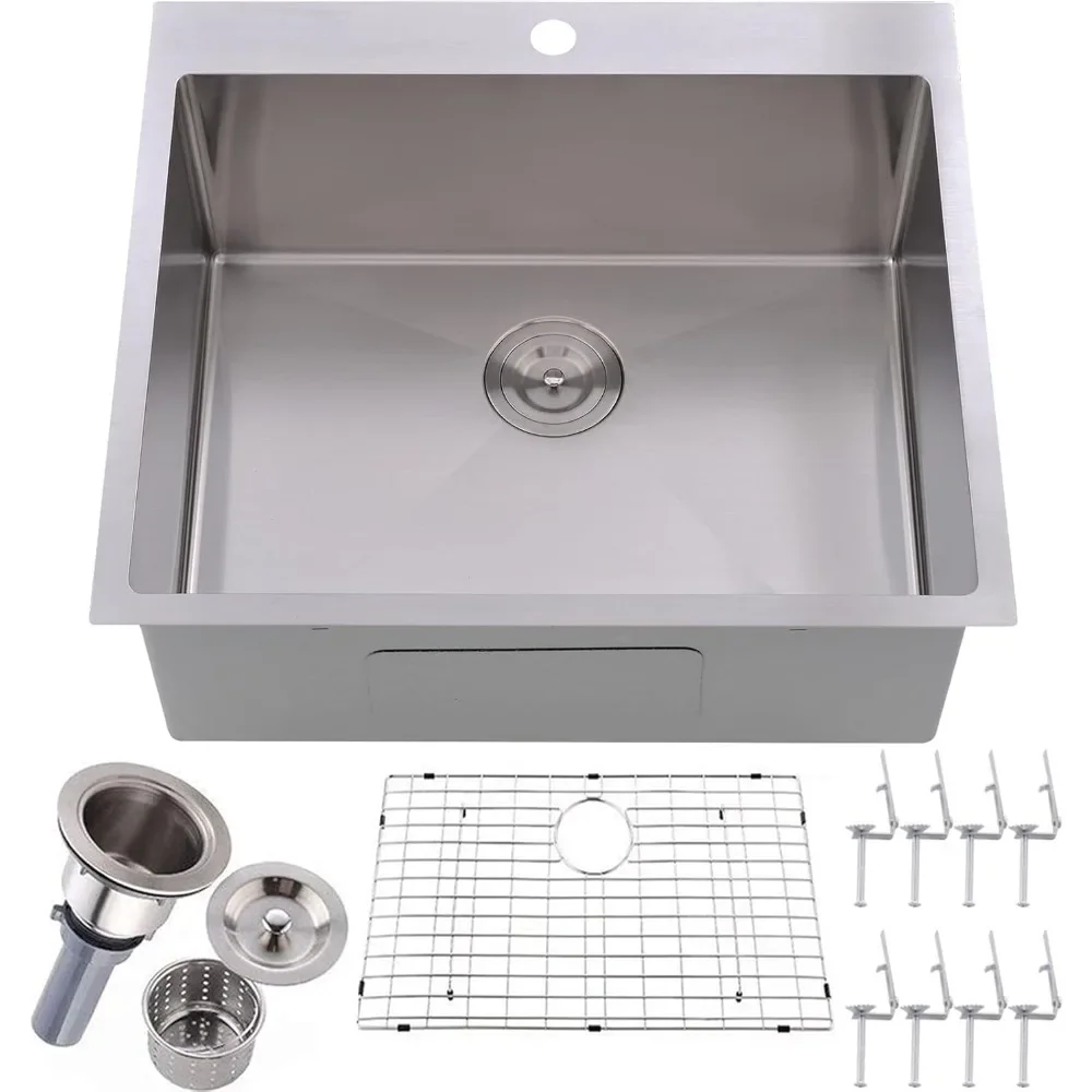 25 x 22 Inch Drop In Kitchen Sink, Topmount Stainless Steel Brushed Nickel Single Bowl Kitchen Sink Extra-thick 16 Gauge