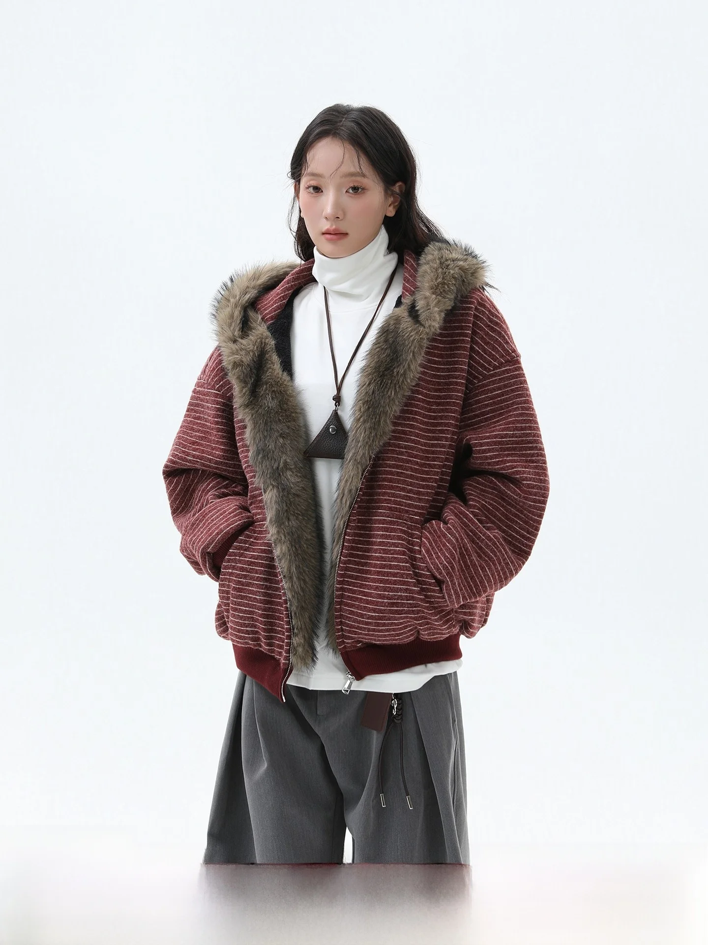 

Turn Tide Faux Fur Lined Hooded Cotton Jaet Stripe Color Blo Winter Warm Casual Youth Loose Fit Zipper Closure Coat