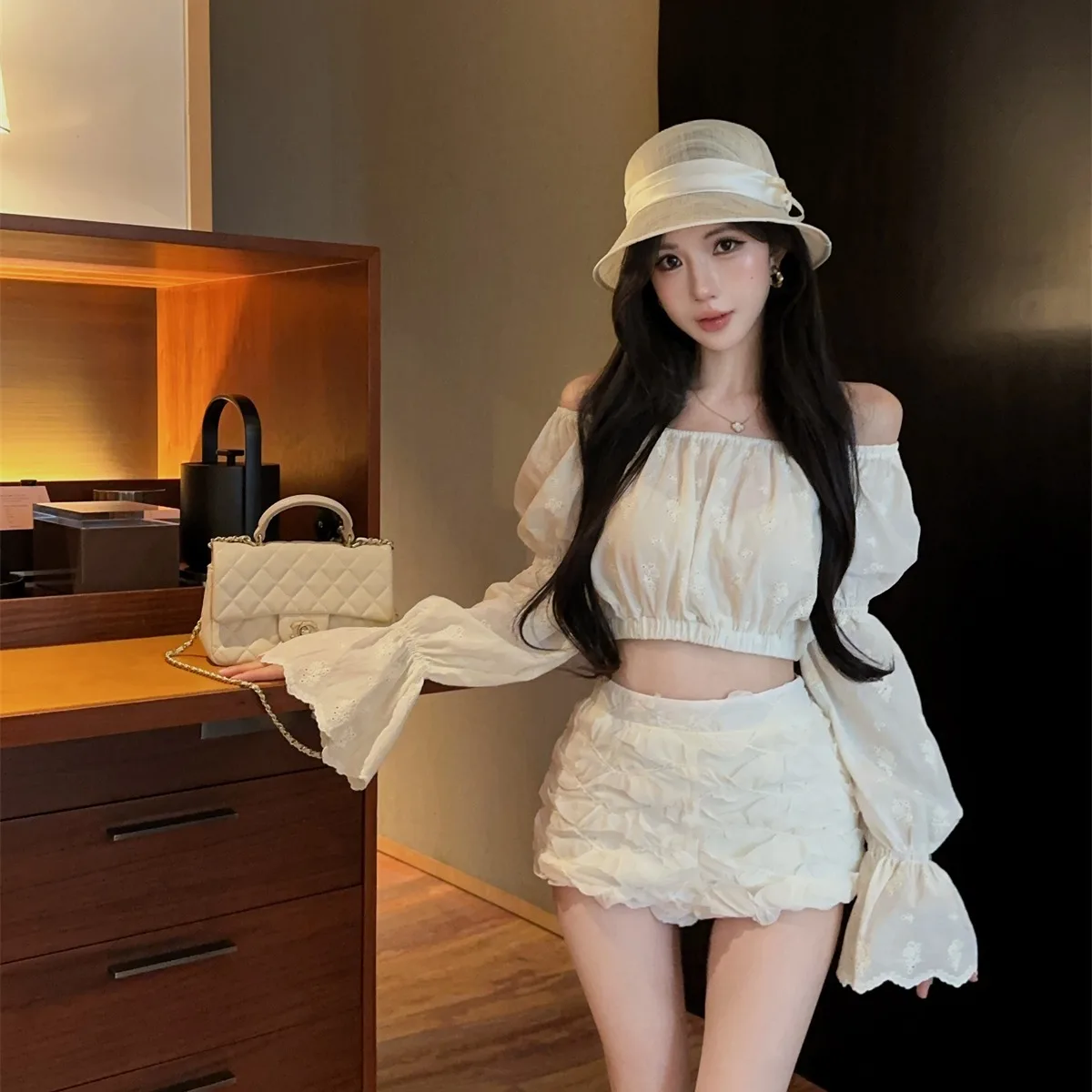 Sexy Short Bubble Sleeve Texture Sensation Women's Set Autumn Winter Fashion Sweet Shoulder Bared Outfit Small Size Friendly