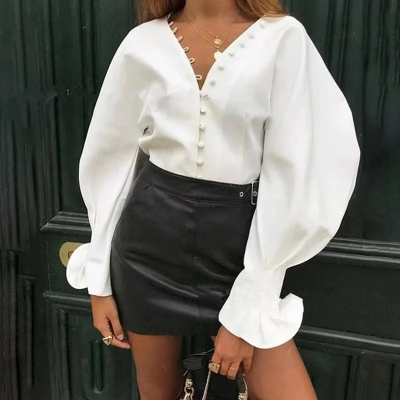 

Gagarich 2025 Spring Summer New European American Brand V-neck Lantern Sleeve Single Row Button Shirt Women Solid Color Lace Top