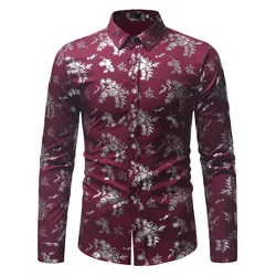 Srebrny Print koszula z długim rękawem mężczyźni odzież moda 2022 jesień biznes odzież na co dzień koszulka Homme Slim Fit Camisa Masculina