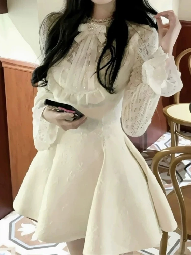 Korean Chic Princess Long Sleeve Dress Women Autumn Winter Vintage Lace Slim Party Dresses Hollow Out Elegant Prom Clothes 2025