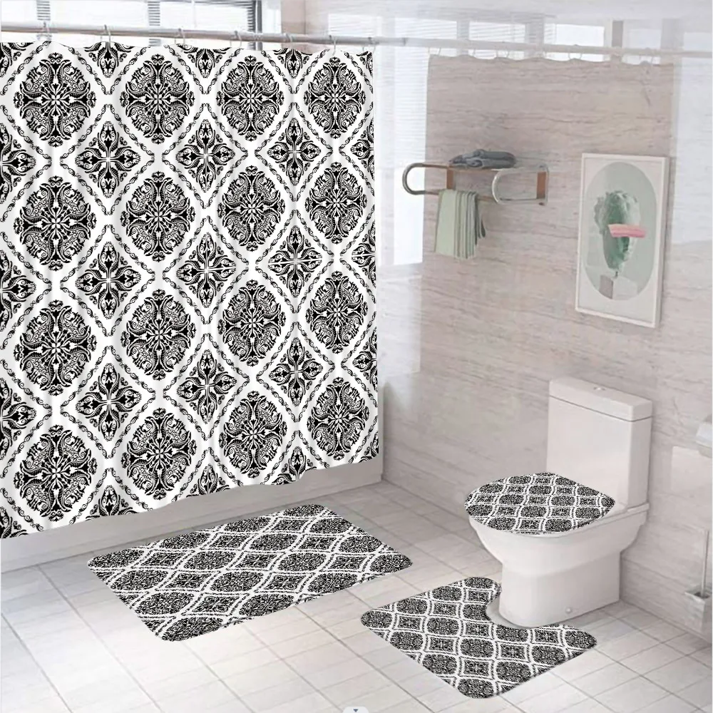 Retro Flower Geometric Bathroom Set Fabric Shower Curtain Rug Bath Mat Lid Toilet Cover Floral Morden Bathtub Screen Home Decor