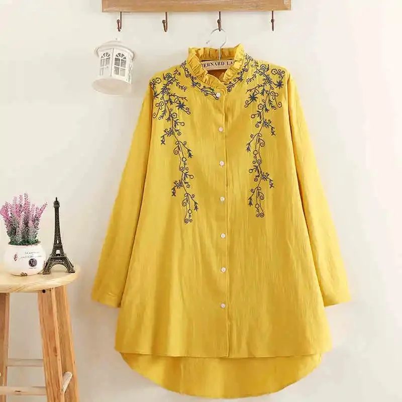 

Retro Women Fashion Stand CollarTops Jacket Lady Large Size 6XL Blouse Outwear Spring Female Embroidery Long Sleeves Shirts Coat