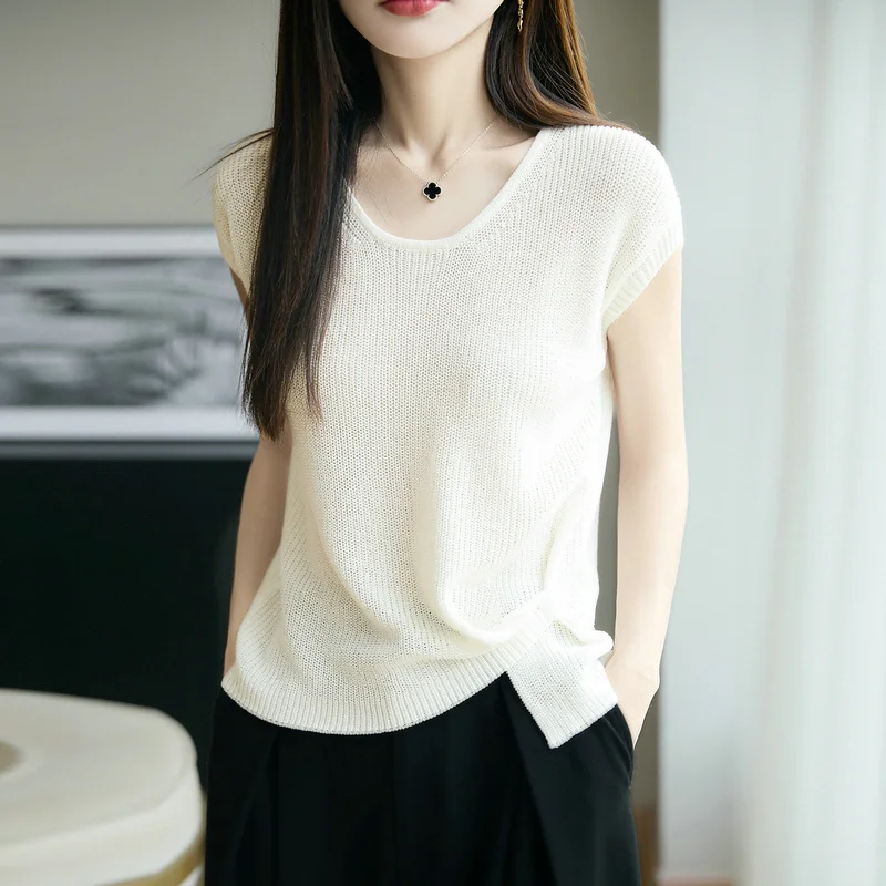 

Summer Side button Decoration Sleeveless Pullover Women knitting Tencel Linen Blend Vest O-Neck breathable High Quality Soft Top