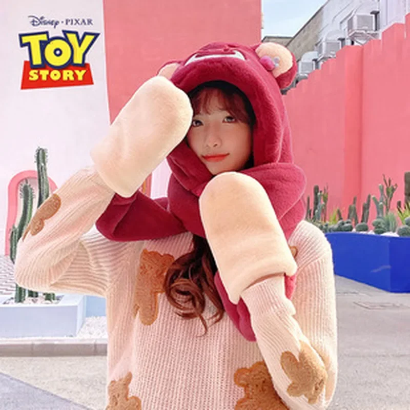 Disney Lotso Plush Hat Winter Warm Hat Kawaii Girl Toy Story Strawberry Bear Plush Hat Girls Birthday Gift Kawaii Cosplay Toys