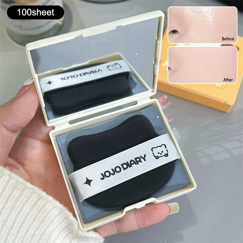 

100 Sheets Face Oil Absorbing Paper With Puff&Mirror Case Facial Cleaning Tools Summer Oil Control Bamboo Charcoal Paper