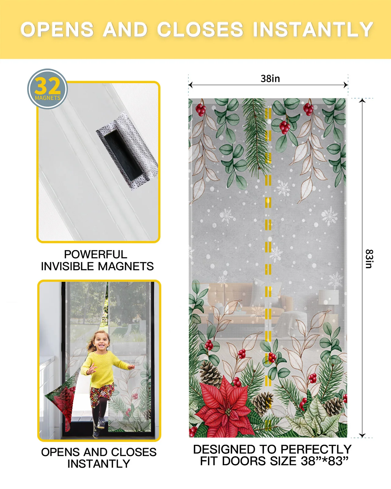 Christmas Poinsettia Fir Tree Berries Magnetic Mosquito Net Summer Anti Bug Fly Door Curtains Kitchen Screen Door Mesh