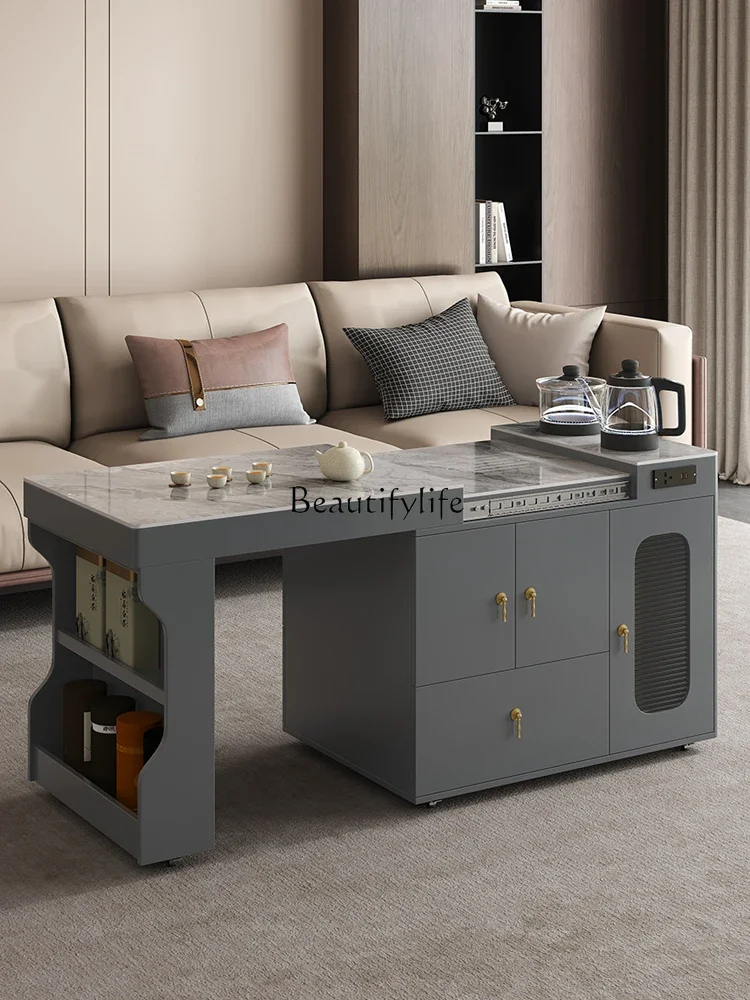 

yj39 Italian minimalist rock slab small tea cart retractable movable with kettle automatic tea table living room small apar