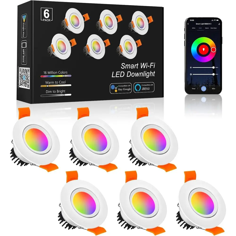 Iluminação LED Embutida Inteligente de 2 Polegadas, 5W Dimerizável RGB & CCT 2700-6500K, 110V Compatível com Alexa e Home, com Driver LED