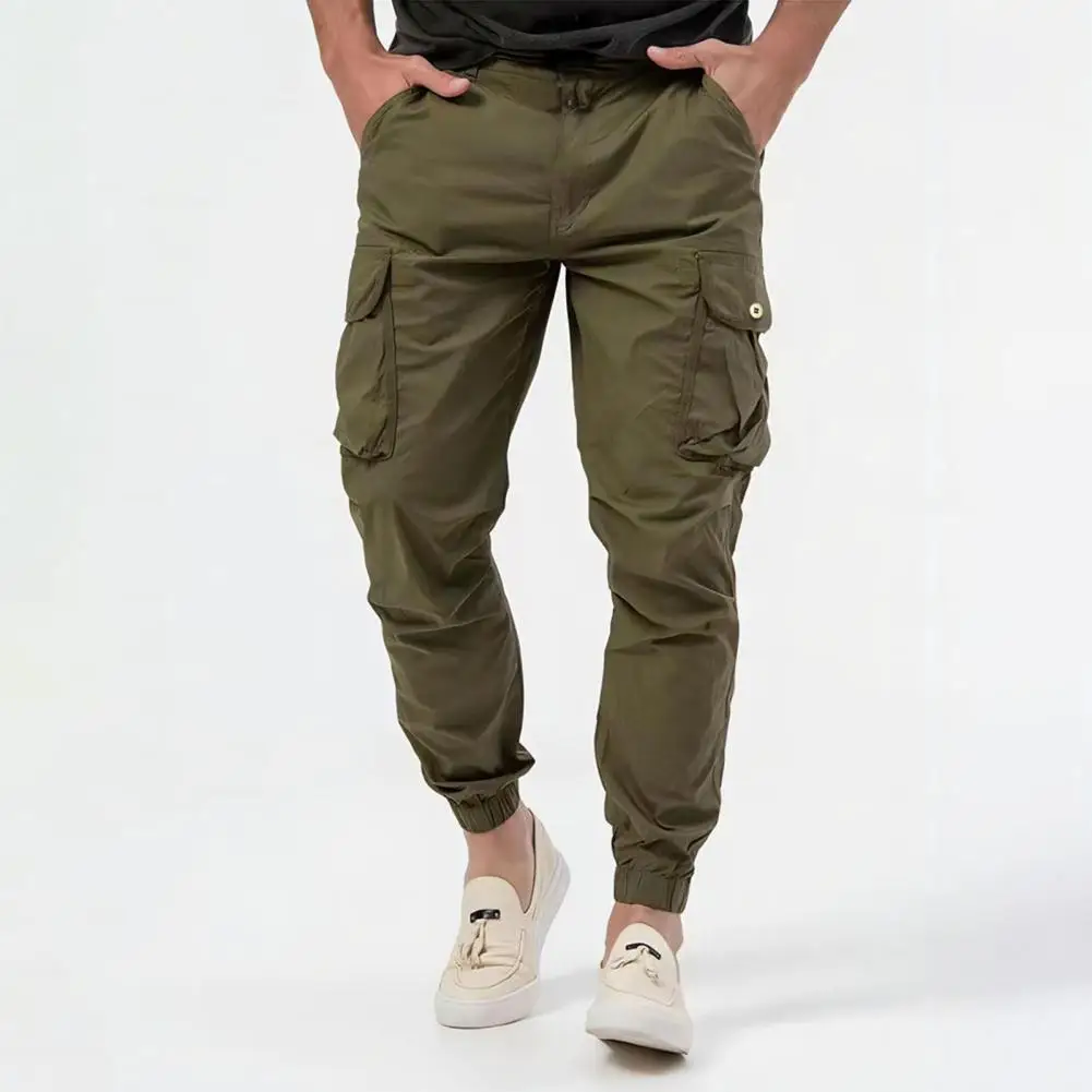 

Men Pants Mid Waist Multi Pockets Button Zipper Closure Solid Color Loose Ankle-banded Soft Breathable Cargo Pants Long Trousers