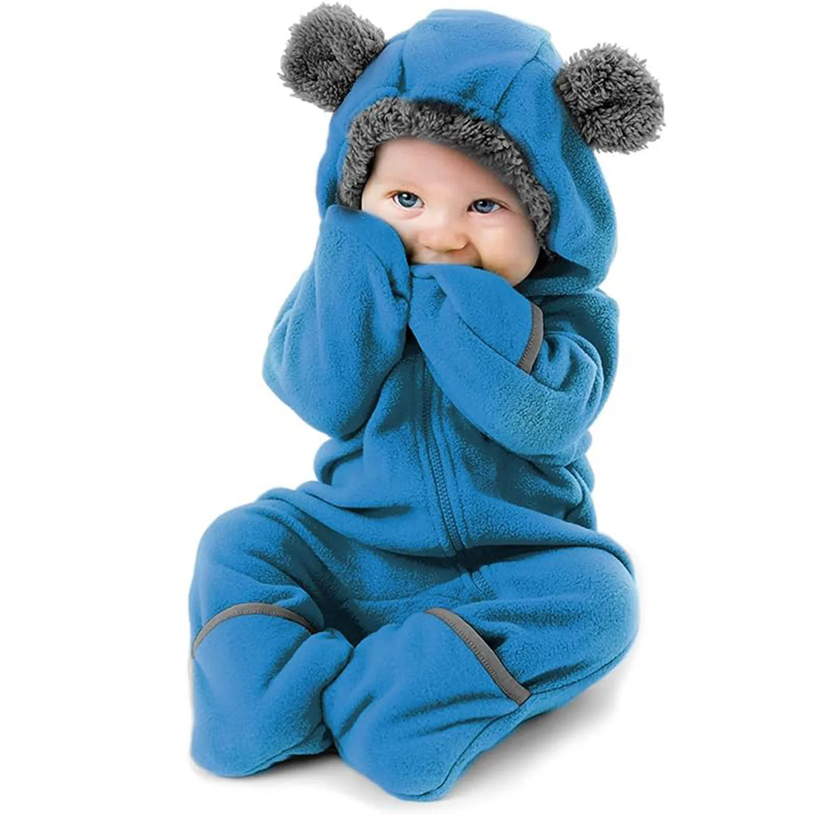 

3 6 12 18 24 Months Winter Baby Hooded Romper Infant Boys Girs Jumpsuit Toddler Cartoon Ears Jumpsuit Zip Children's Clothes